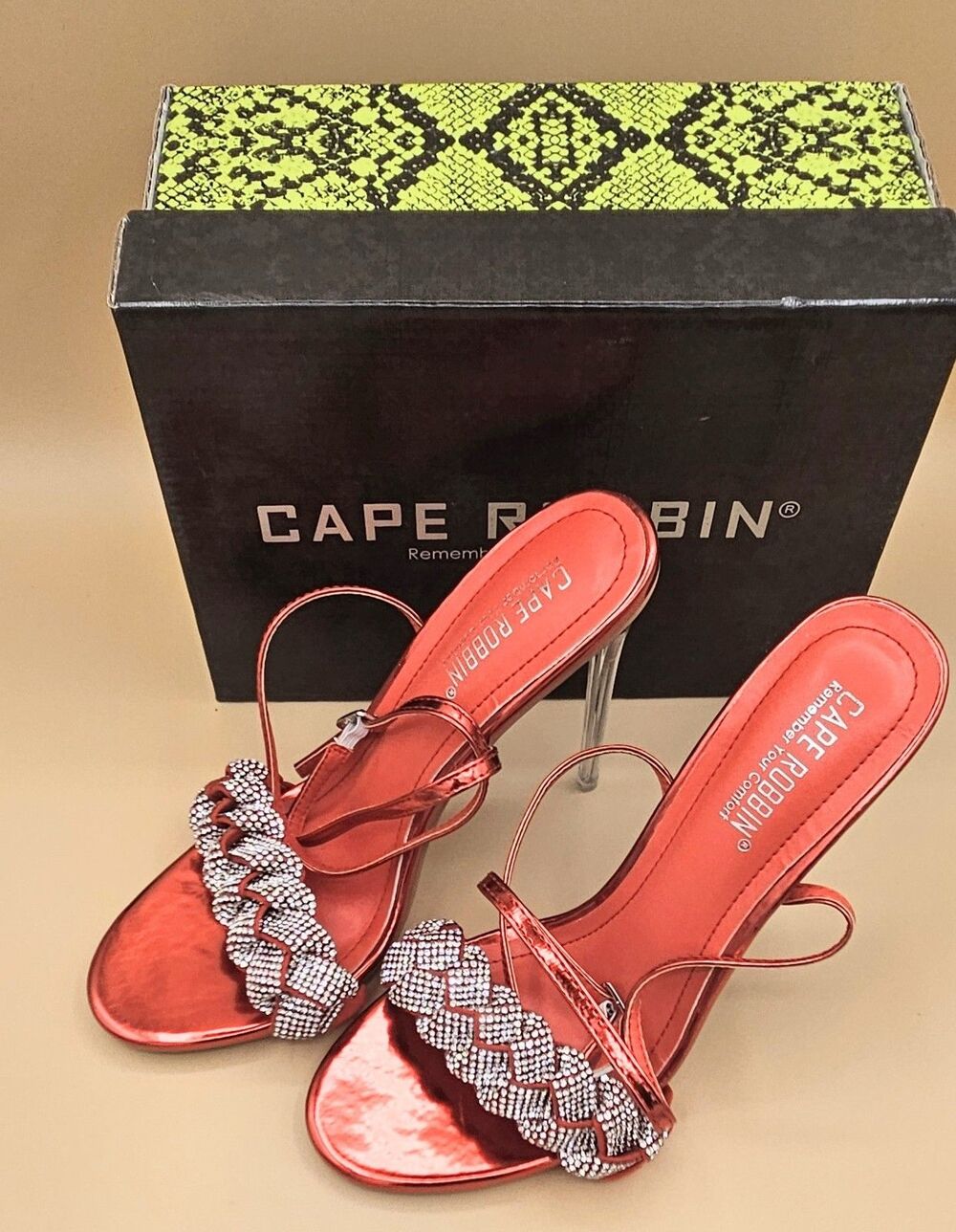 Cape Robbin Evans Red Rhinestone Lucite Heels Ankle Strap Womens 8 - Picture 7 of 10